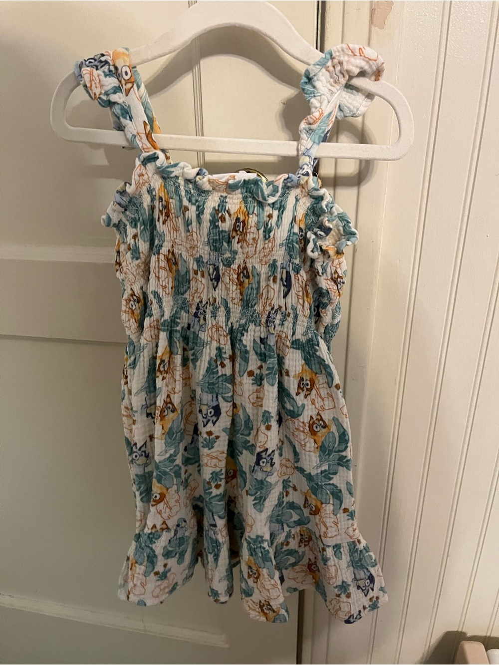 Smocked Ruffled Bluey Sundress - Teal, Mustard & White Floral Print